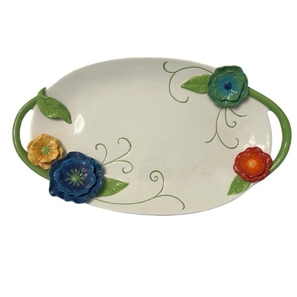 Grasslands Road 3D floral ceramic platter, 14” x 8”